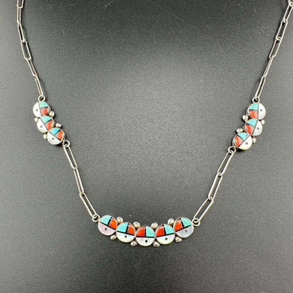 Vintage Zuni Sunface Sterling Silver Turquoise Inlay Sun Face Necklace